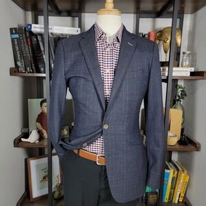 INDOCHINO Men's Sport Coat Blazer Two Button‎ Navy Blue Black Plaid Wool 39L